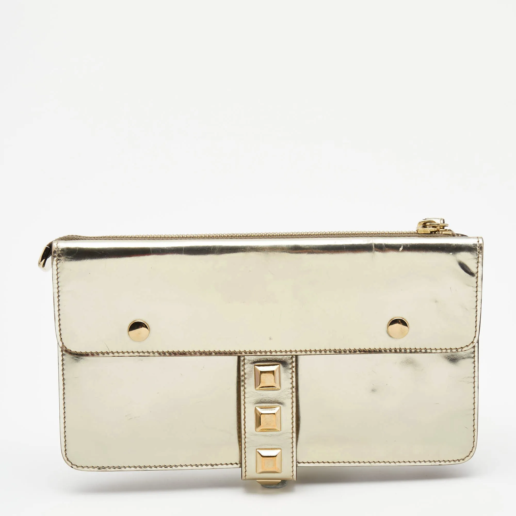 Gucci  Gold Laminate Leather Studded Evening Wristlet Clutch