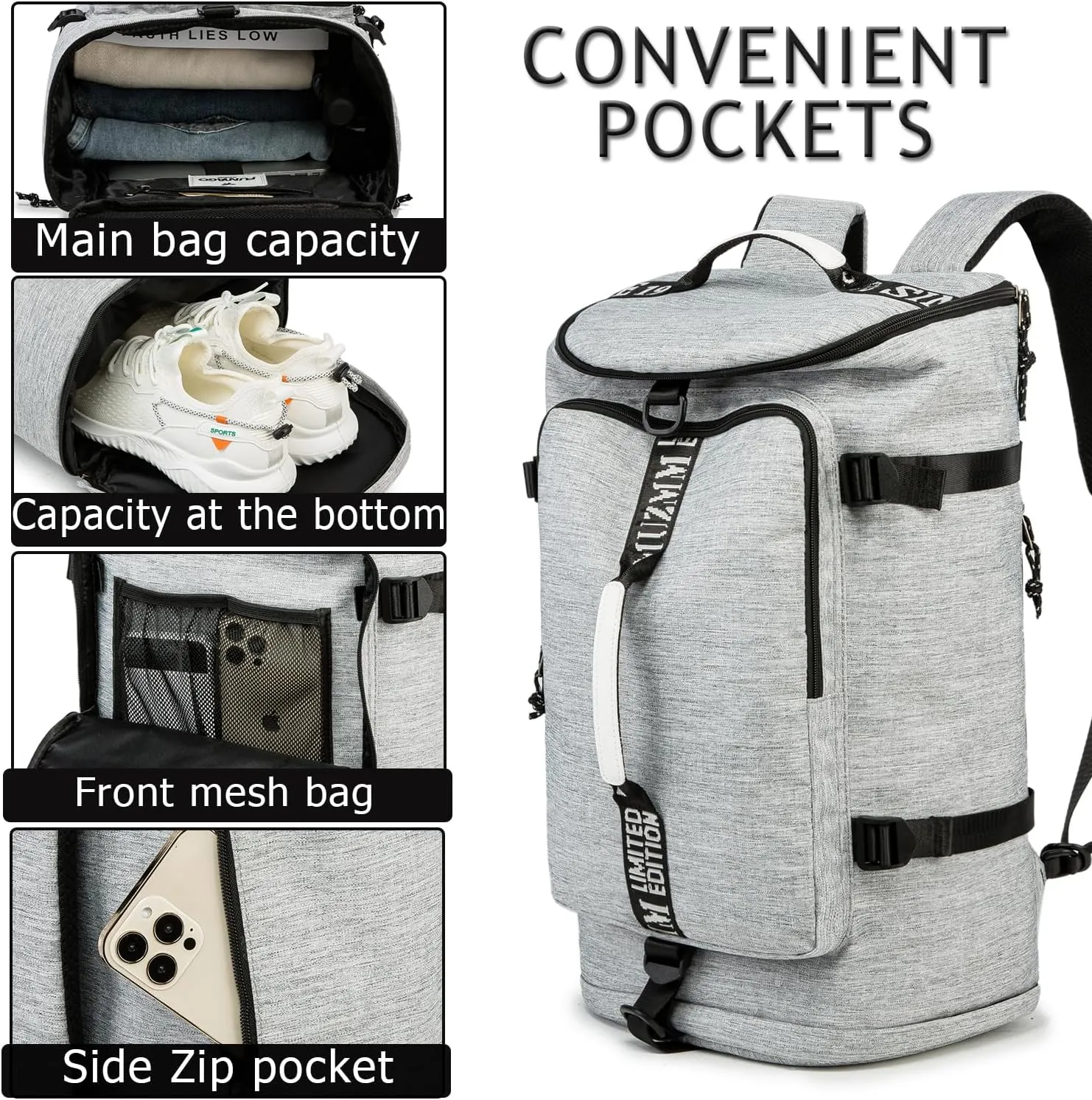 Gym Duffle Bag Waterproof black Laptop Backpack Suitable for Hiking, Fishing, Travel 40L Large Capacity Trendy Cool Lightweight Backpack for Men and Women