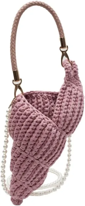 Handwoven Fashion Seashell Bag for Women Crochet Beach Bag Unique Boho Clutch with Pearl Strap Leather Handle 2025