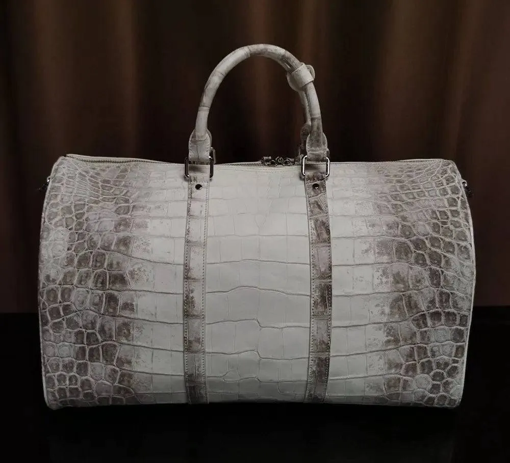 Himalaya White Genuine Crocodile Leather Travel Duffel Bag, Mens Gift Weekend Bag Overnight Sport Gym Carry on Luggage