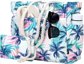 Kasqo Beach Bags for Women, Large Waterproof Beach Bag Tote Zipper Swim Pool Bag with Small Pouch for Grocery Travel Vacation