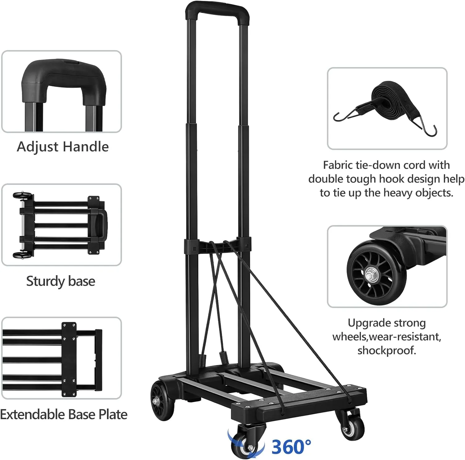 KEDSUM Folding Hand Truck with 4 Wheels, Lightweight Dolly Cart Foldable with 2 Elastic Ropes, Solid Construction Utility Luggage Cart Compact for Travel, Moving and Office Use, Easy to Store