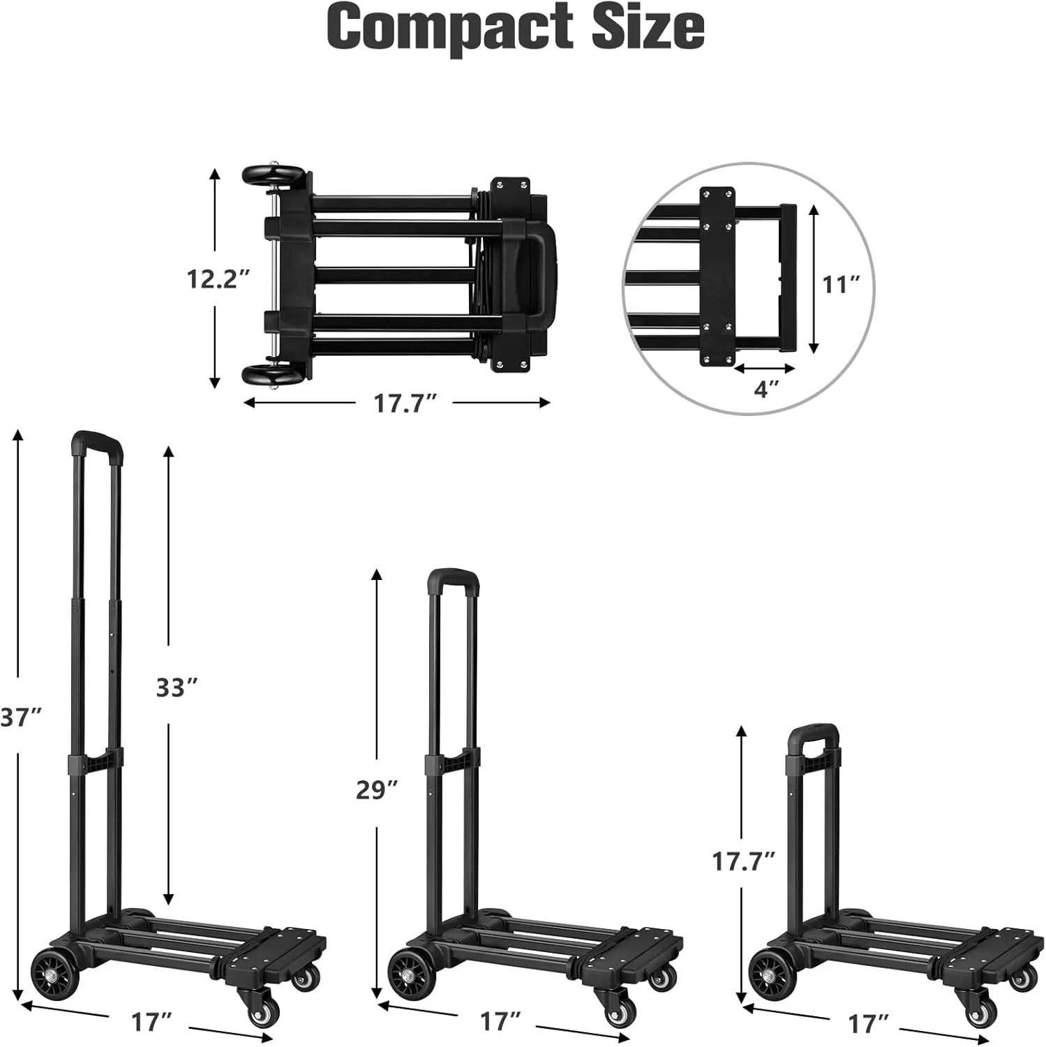 KEDSUM Folding Hand Truck with 4 Wheels, Lightweight Dolly Cart Foldable with 2 Elastic Ropes, Solid Construction Utility Luggage Cart Compact for Travel, Moving and Office Use, Easy to Store