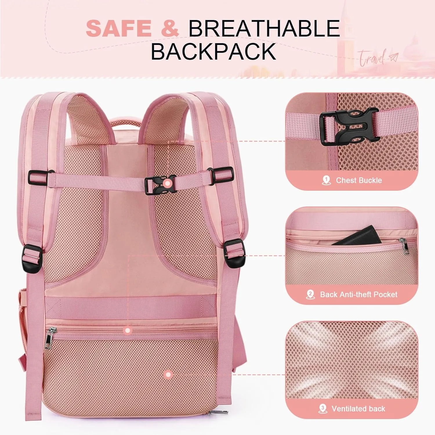 Maelstrom Travel Backpack for Women Men,25L Laptop Backpack Fits 17-Inch Laptop,Waterproof Carry On Backpack for Airplanes with Detachable Crossbody Bag&Shoe Compartment,Pink