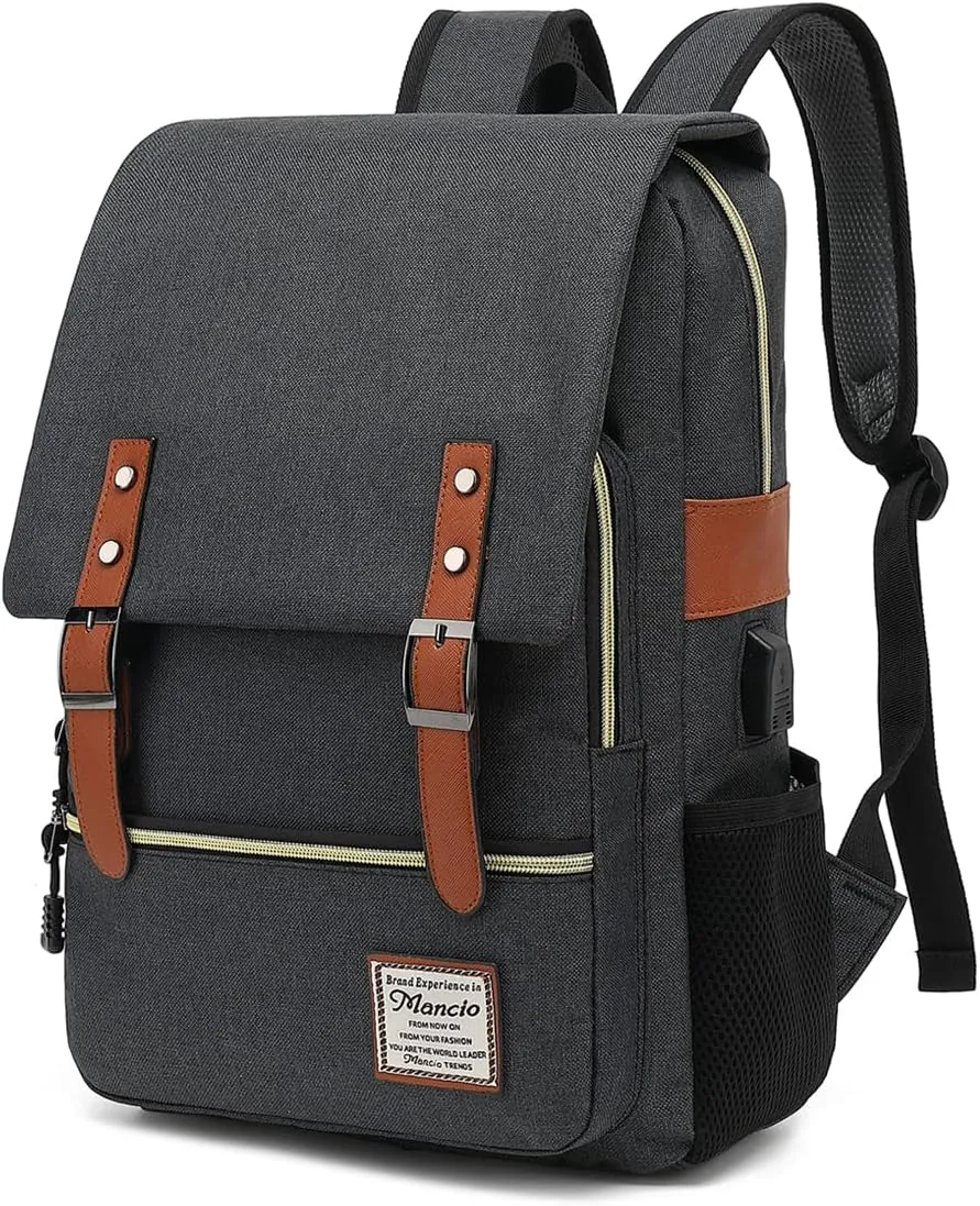 Mancio Vintage Slim Laptop Backpack for Women Men,Tear Resistant Business College Bag with USB Charging Port,Fits up to 15.6Inch Laptop in Black