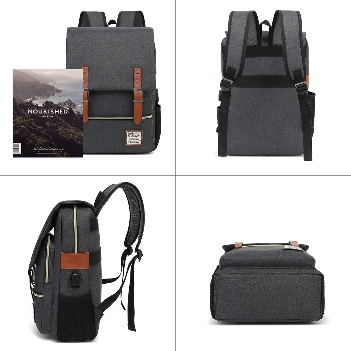 Mancio Vintage Slim Laptop Backpack for Women Men,Tear Resistant Business College Bag with USB Charging Port,Fits up to 15.6Inch Laptop in Black