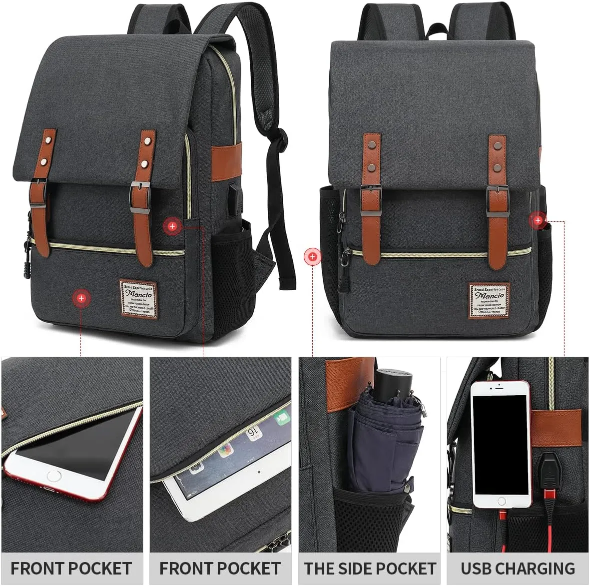 Mancio Vintage Slim Laptop Backpack for Women Men,Tear Resistant Business College Bag with USB Charging Port,Fits up to 15.6Inch Laptop in Black