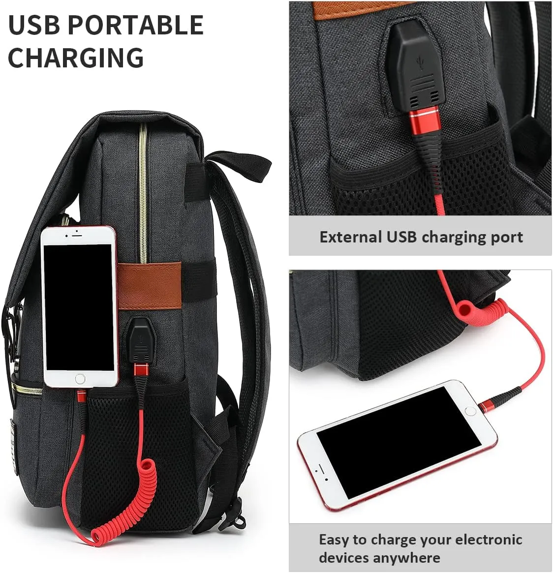 Mancio Vintage Slim Laptop Backpack for Women Men,Tear Resistant Business College Bag with USB Charging Port,Fits up to 15.6Inch Laptop in Black