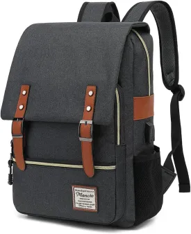 Mancio Vintage Slim Laptop Backpack for Women Men,Tear Resistant Business College Bag with USB Charging Port,Fits up to 15.6Inch Laptop in Black