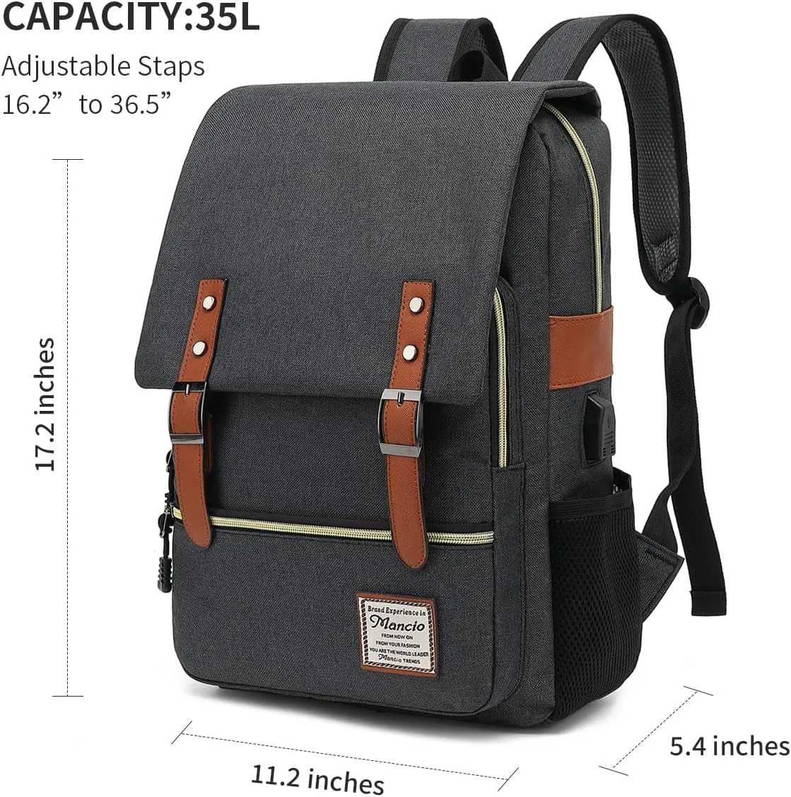 Mancio Vintage Slim Laptop Backpack for Women Men,Tear Resistant Business College Bag with USB Charging Port,Fits up to 15.6Inch Laptop in Black