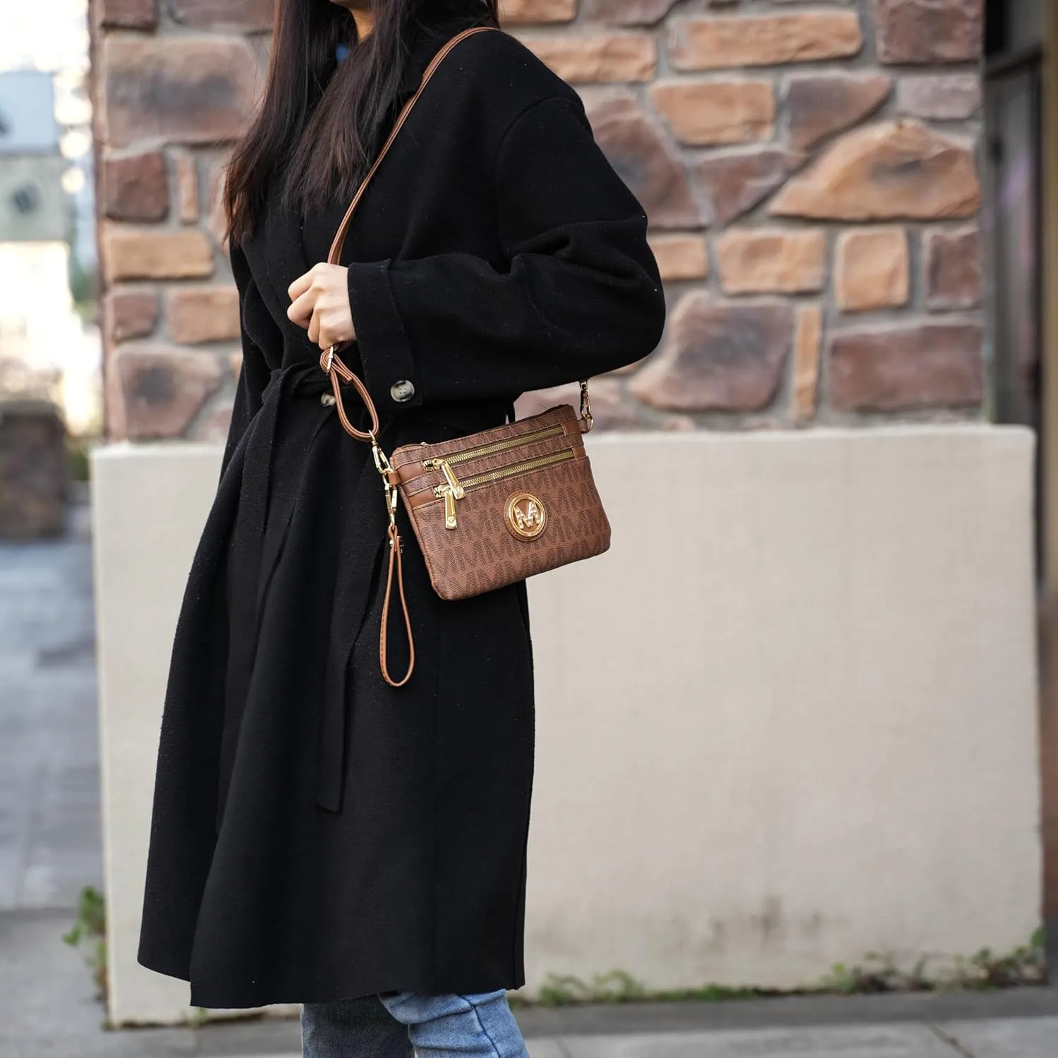MKF Crossbody Bag for Women, Wristlet Strap  PU Leather Shoulder Handbag  Small Pocketbook Messenger Purse Black