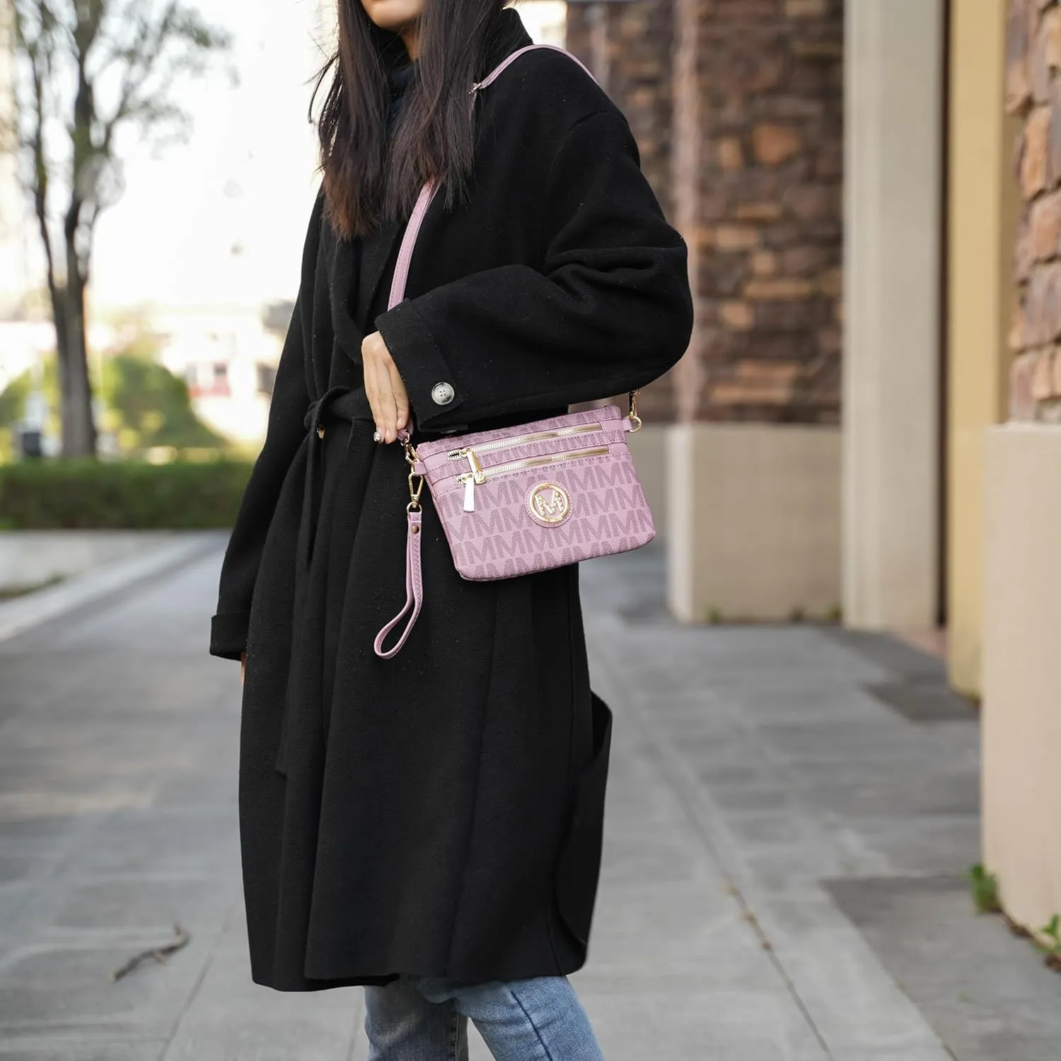MKF Crossbody Bag for Women, Wristlet Strap  PU Leather Shoulder Handbag  Small Pocketbook Messenger Purse Black