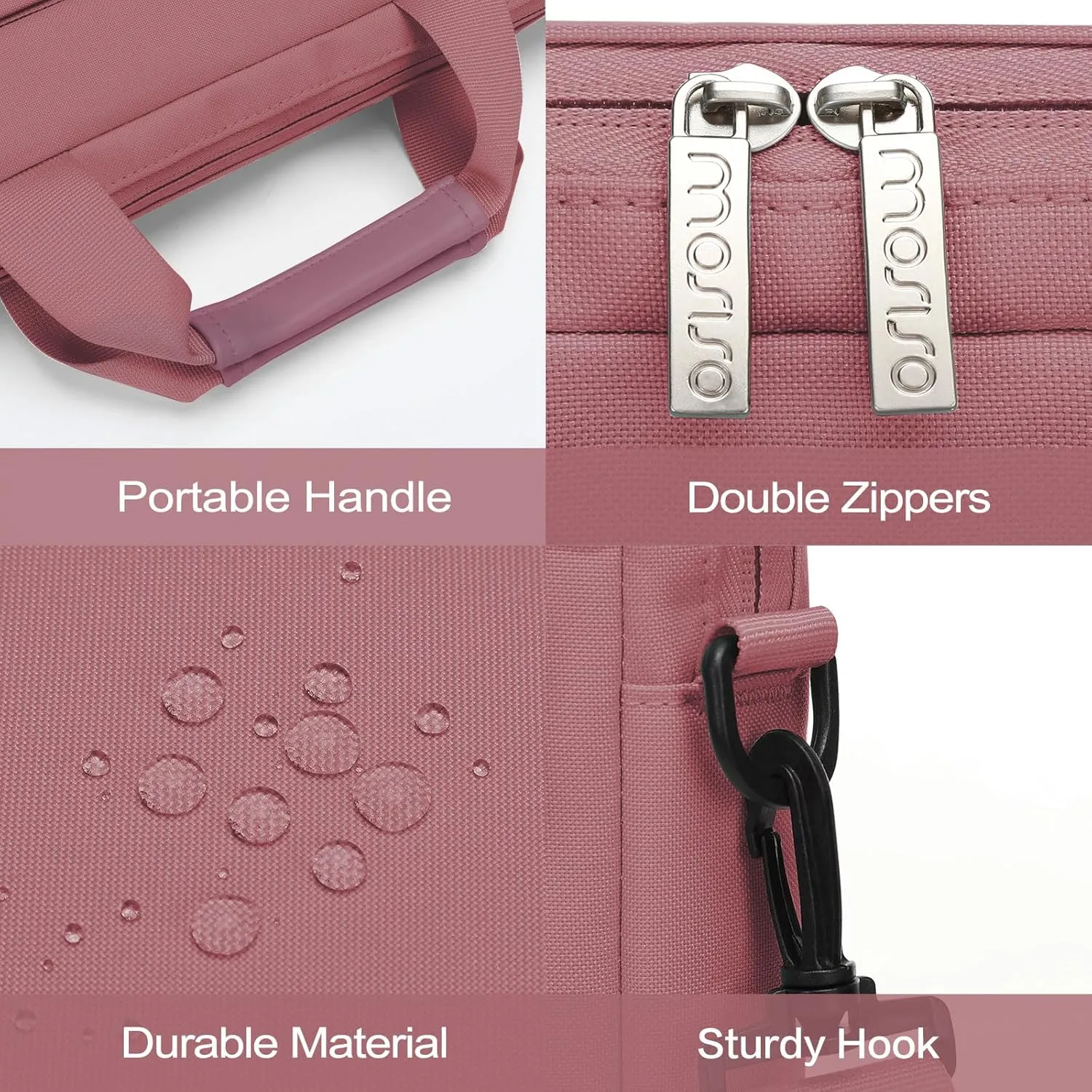 MOSISO Laptop Shoulder Bag 15.6 inch, 15-15.6 inch Computer Bag Compatible with MacBook Pro 16 inch, HP, Dell, Lenovo, Notebook with 2 Raised&1 Flapover&1 Horizontal Pocket&Handle&Belt, Dusty Rose