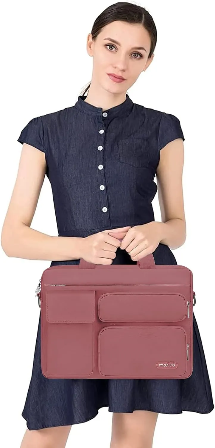 MOSISO Laptop Shoulder Bag 15.6 inch, 15-15.6 inch Computer Bag Compatible with MacBook Pro 16 inch, HP, Dell, Lenovo, Notebook with 2 Raised&1 Flapover&1 Horizontal Pocket&Handle&Belt, Dusty Rose