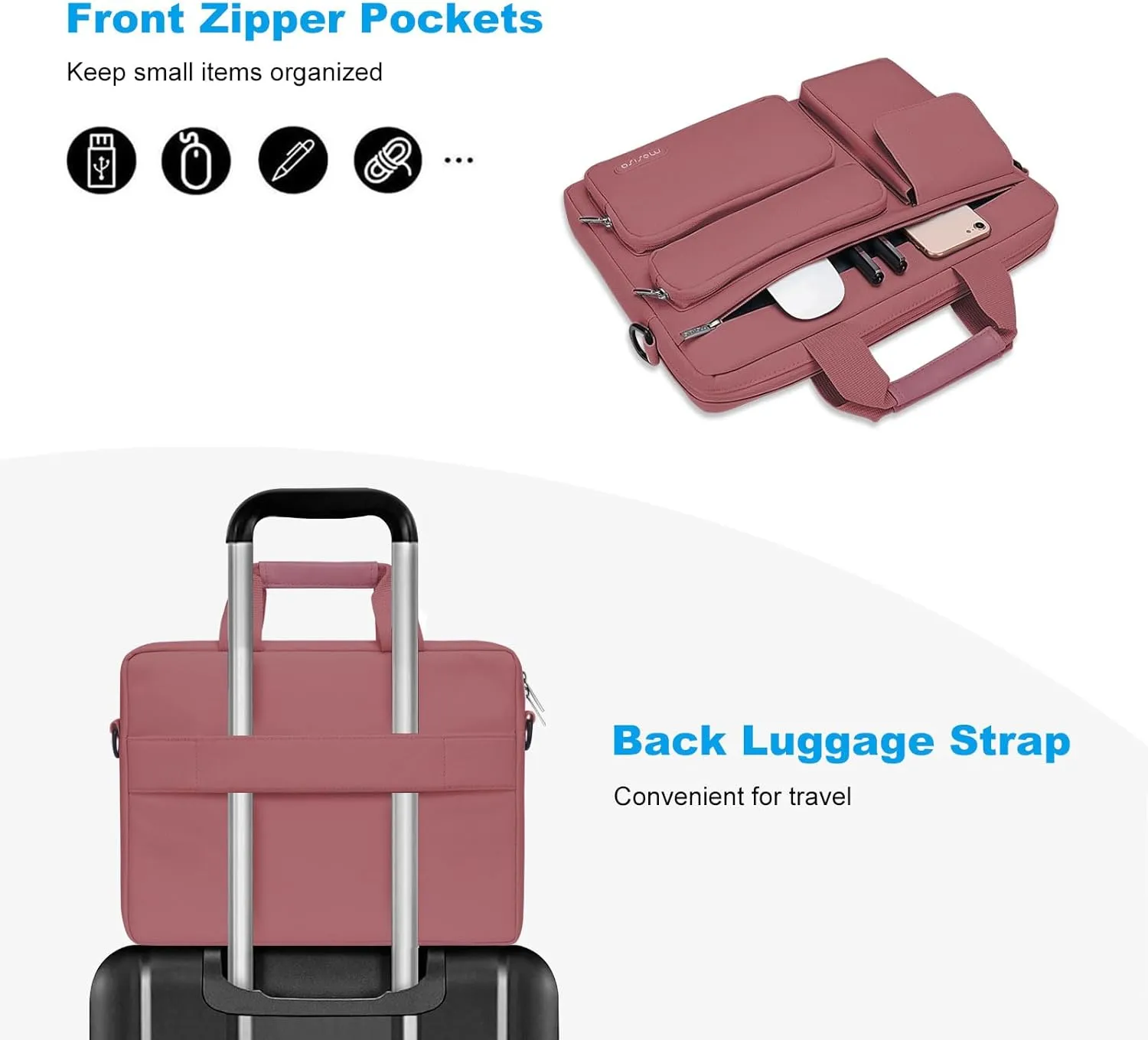 MOSISO Laptop Shoulder Bag 15.6 inch, 15-15.6 inch Computer Bag Compatible with MacBook Pro 16 inch, HP, Dell, Lenovo, Notebook with 2 Raised&1 Flapover&1 Horizontal Pocket&Handle&Belt, Dusty Rose