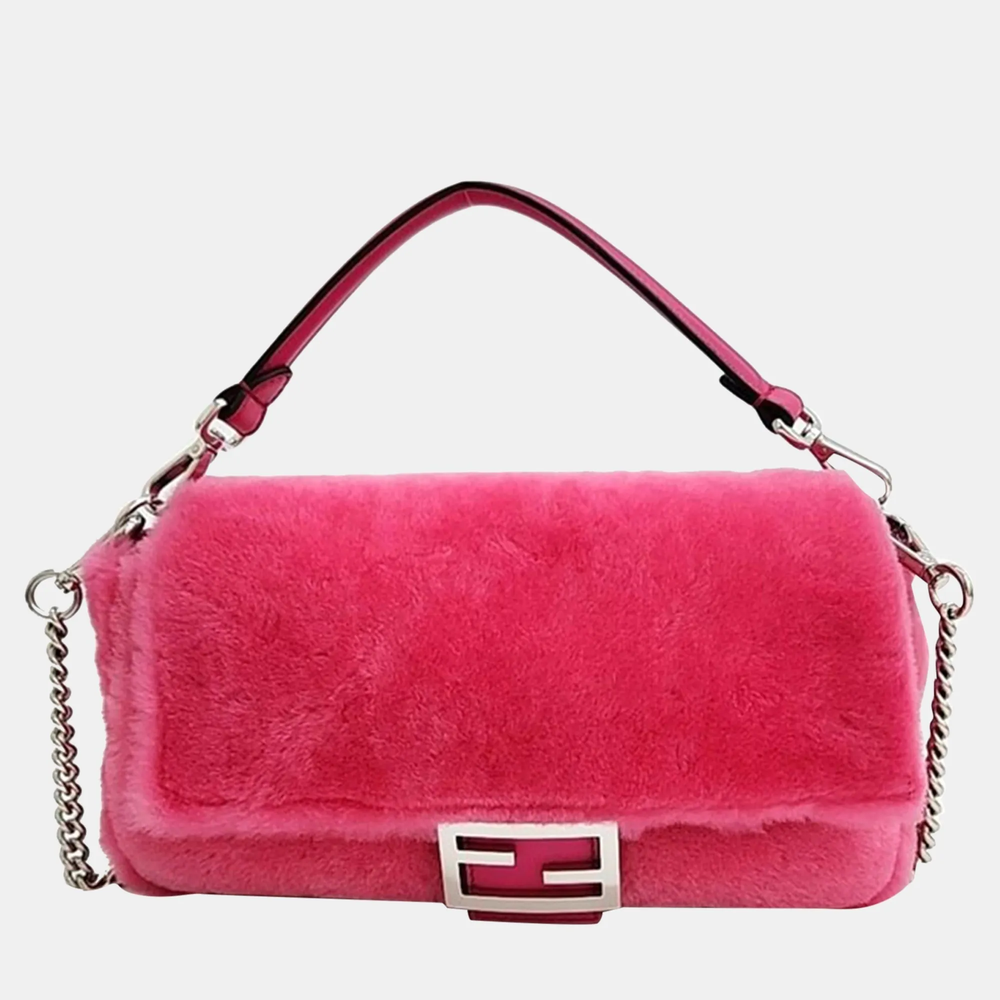 Pink Fur and Leather Trim Baguette Bag