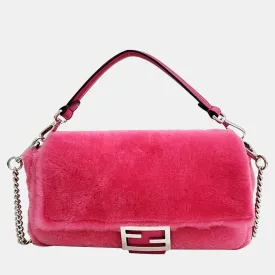 Pink Fur and Leather Trim Baguette Bag