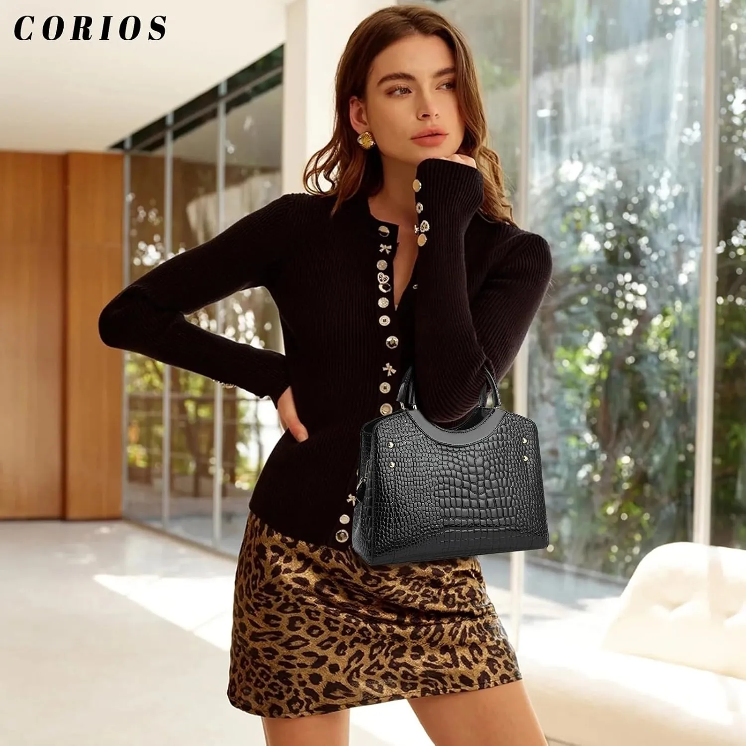 PU Leather Handbag for Women Crocodile Embossed Shoulder Bag Waterproof Crossbody Bag Large Messenger Bag