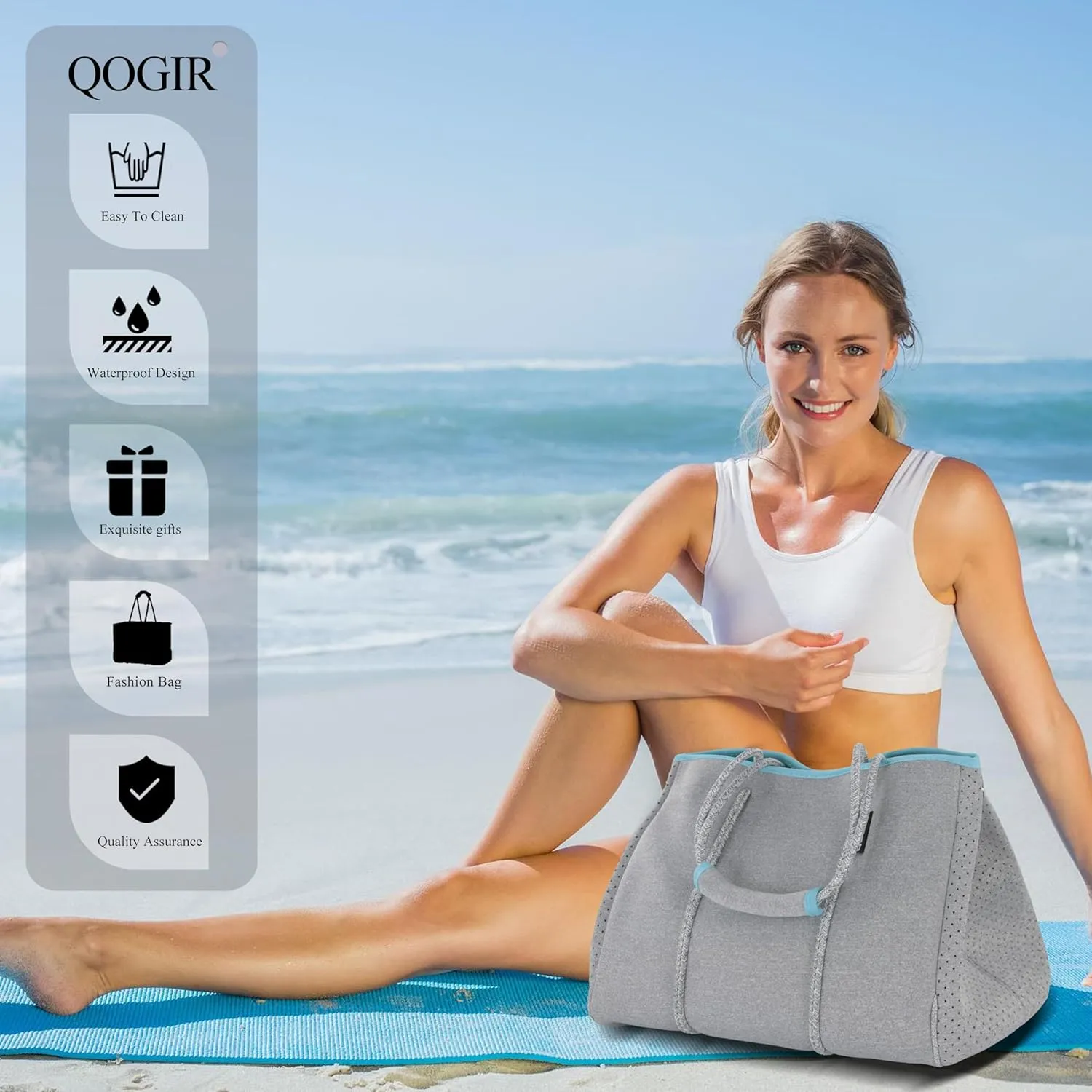 QOGiR Neoprene Multipurpose Beach Bag Tote with Inner Zipper Pocket    