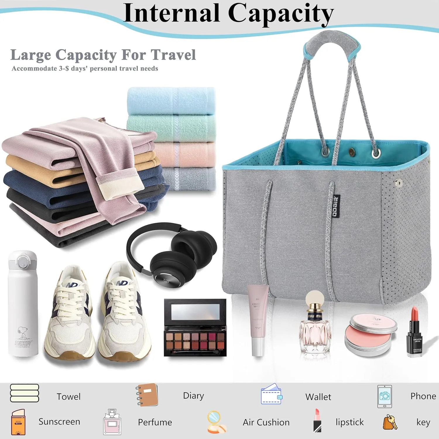 QOGiR Neoprene Multipurpose Beach Bag Tote with Inner Zipper Pocket    