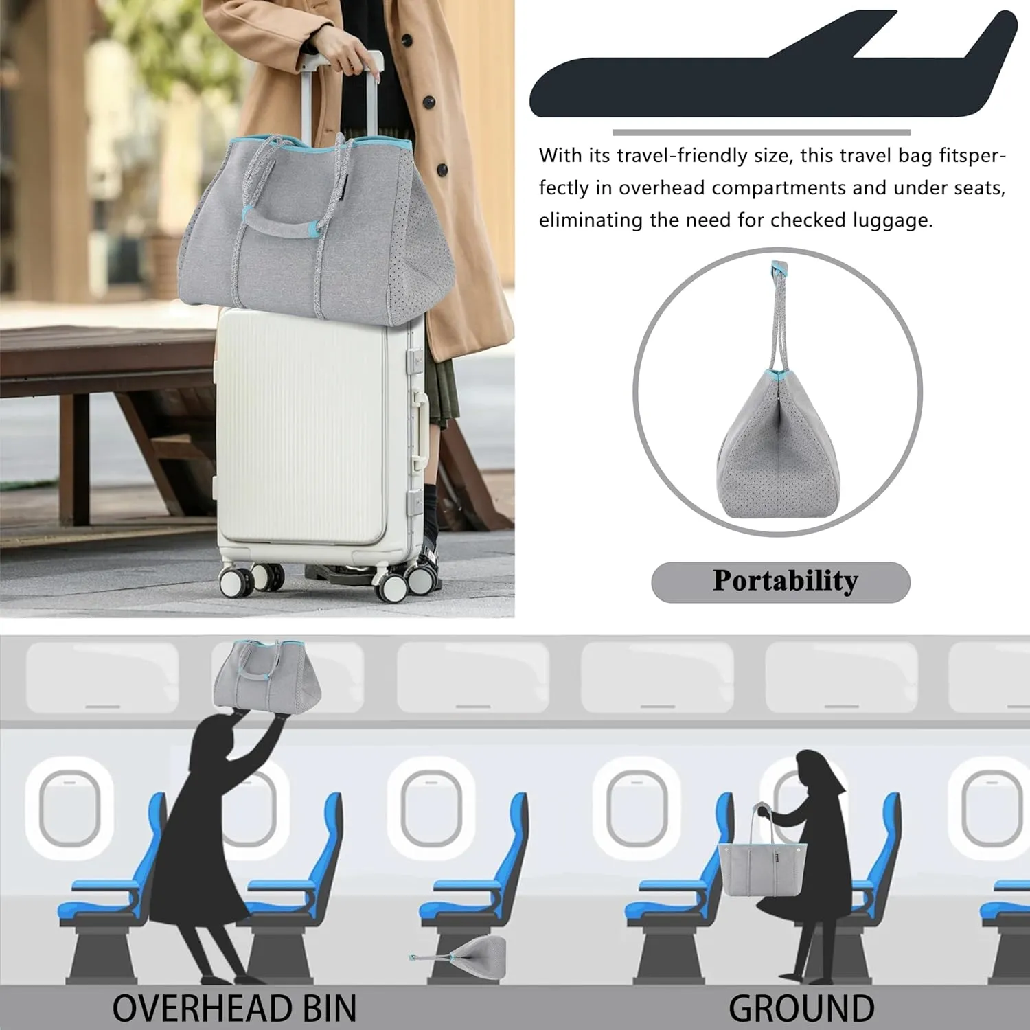 QOGiR Neoprene Multipurpose Beach Bag Tote with Inner Zipper Pocket    