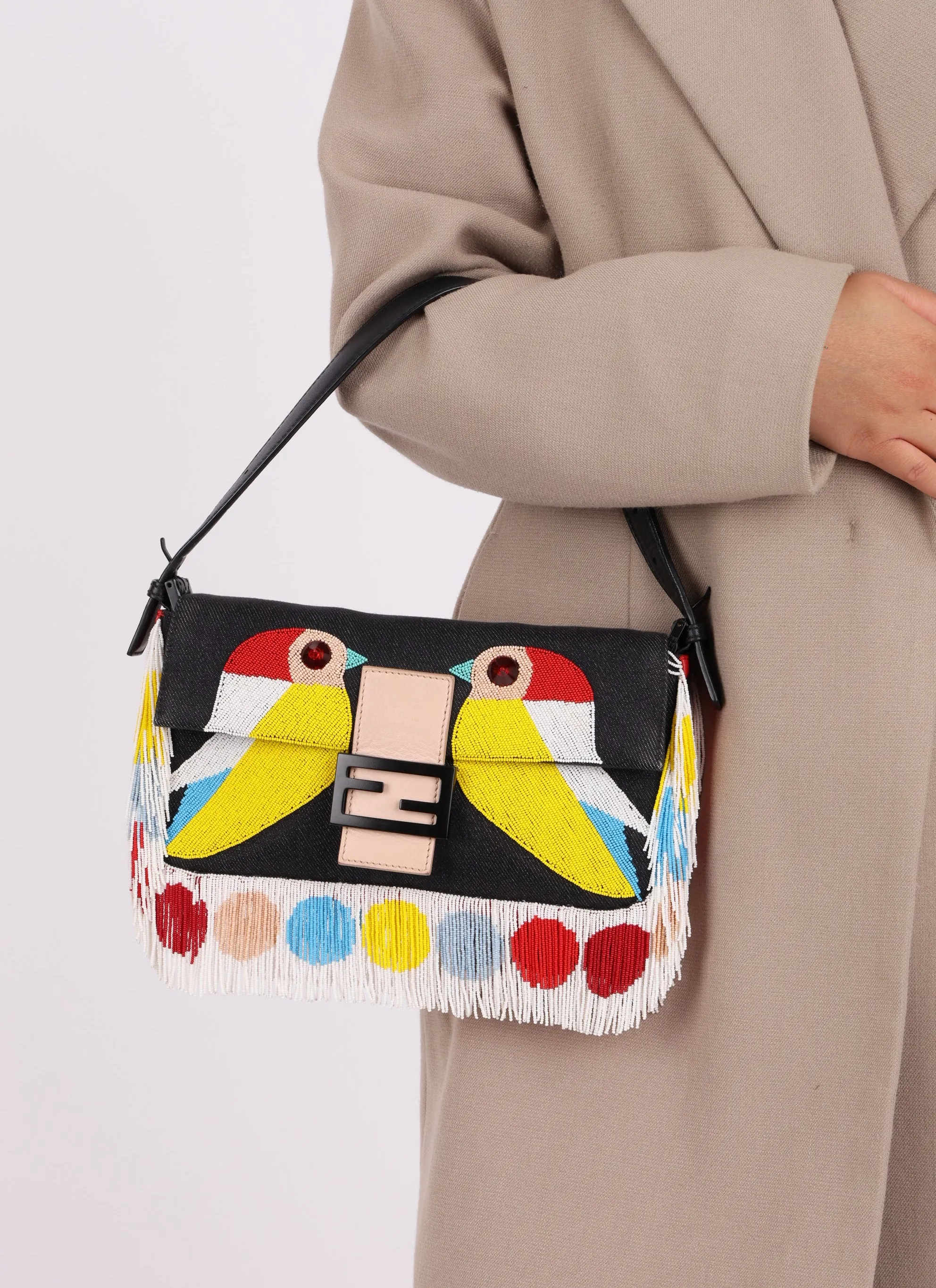 Rare Fendi Denim Beaded Bird Baguette