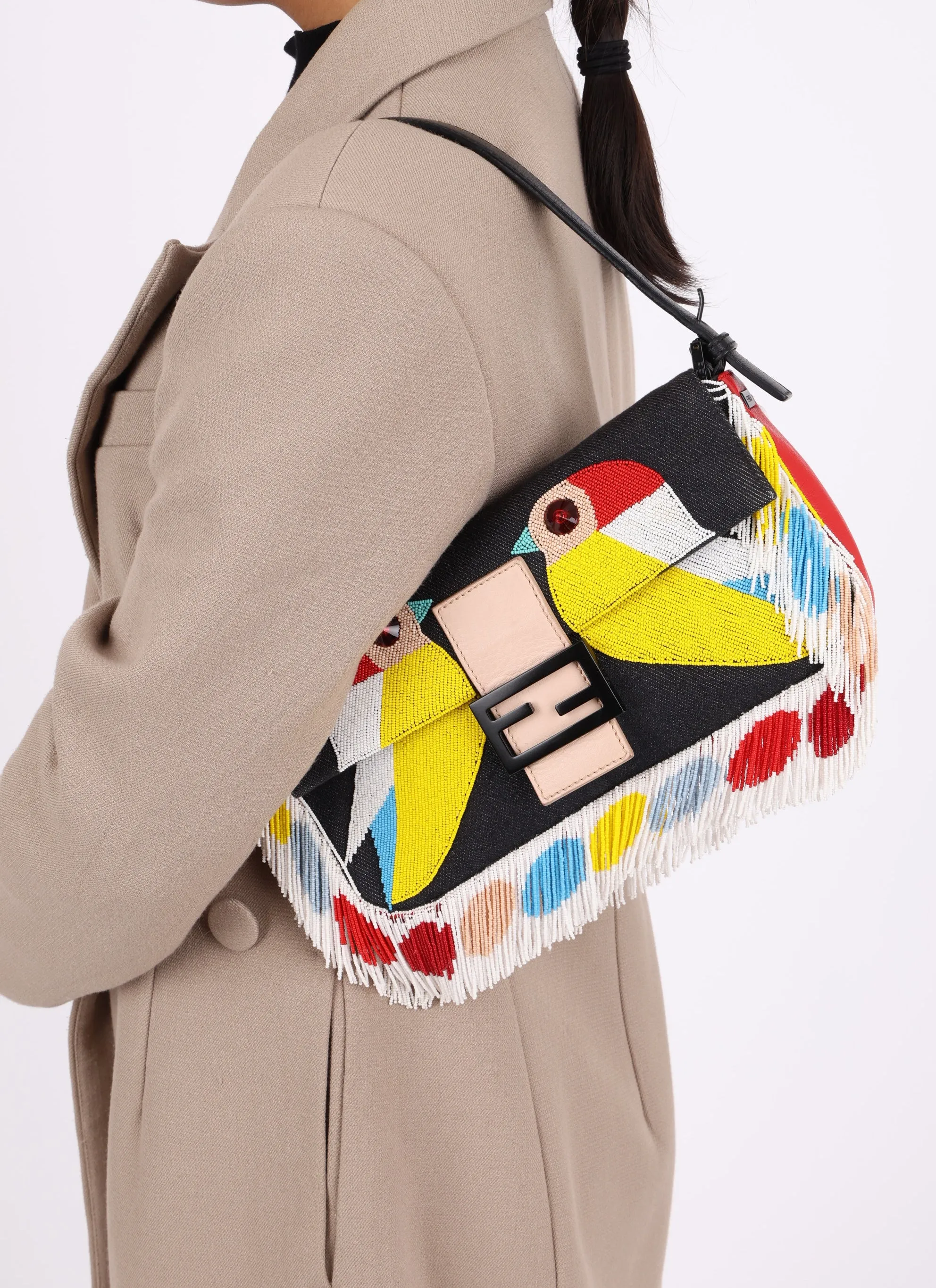 Rare Fendi Denim Beaded Bird Baguette