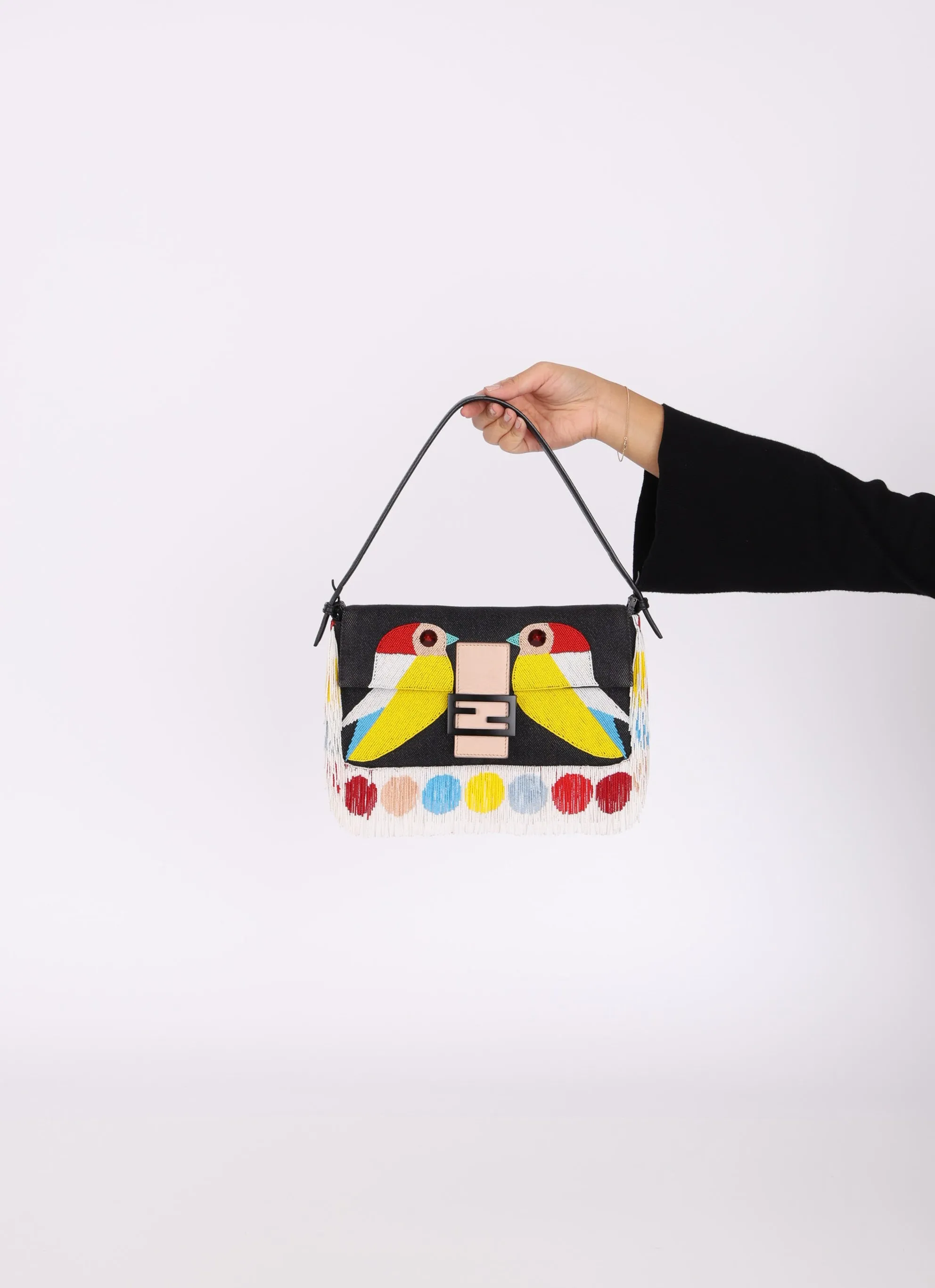 Rare Fendi Denim Beaded Bird Baguette