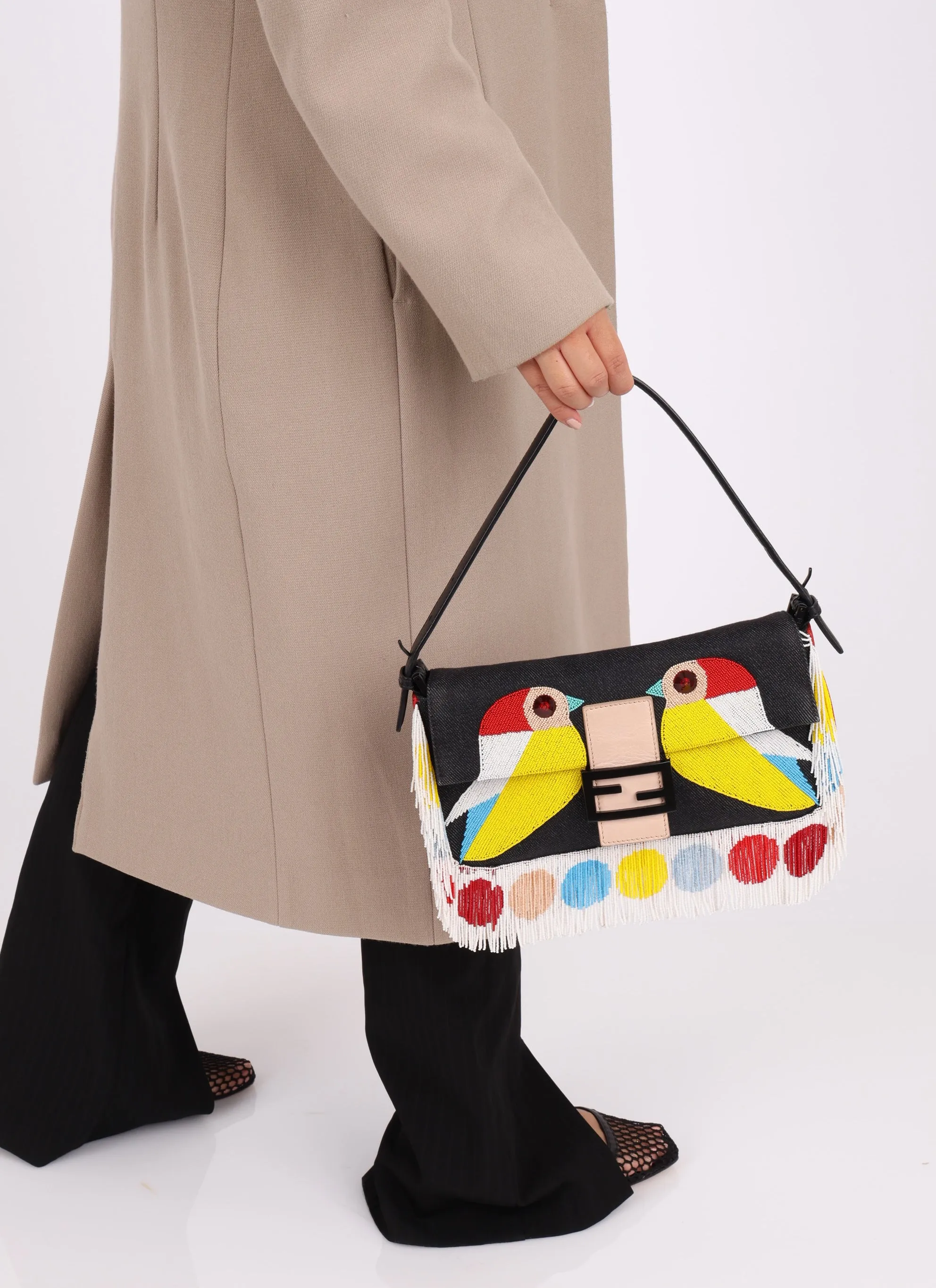 Rare Fendi Denim Beaded Bird Baguette