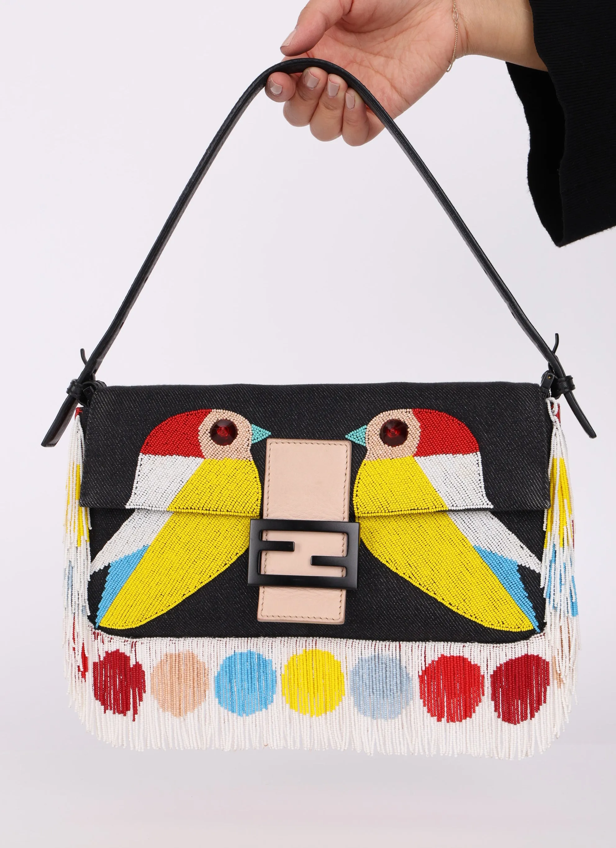 Rare Fendi Denim Beaded Bird Baguette