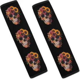 Sugar Skull Flowers Seat Belt Cover Pad Cushions Universal Padding Shoulder Strap Soft Auto Seatbelt 2PCS