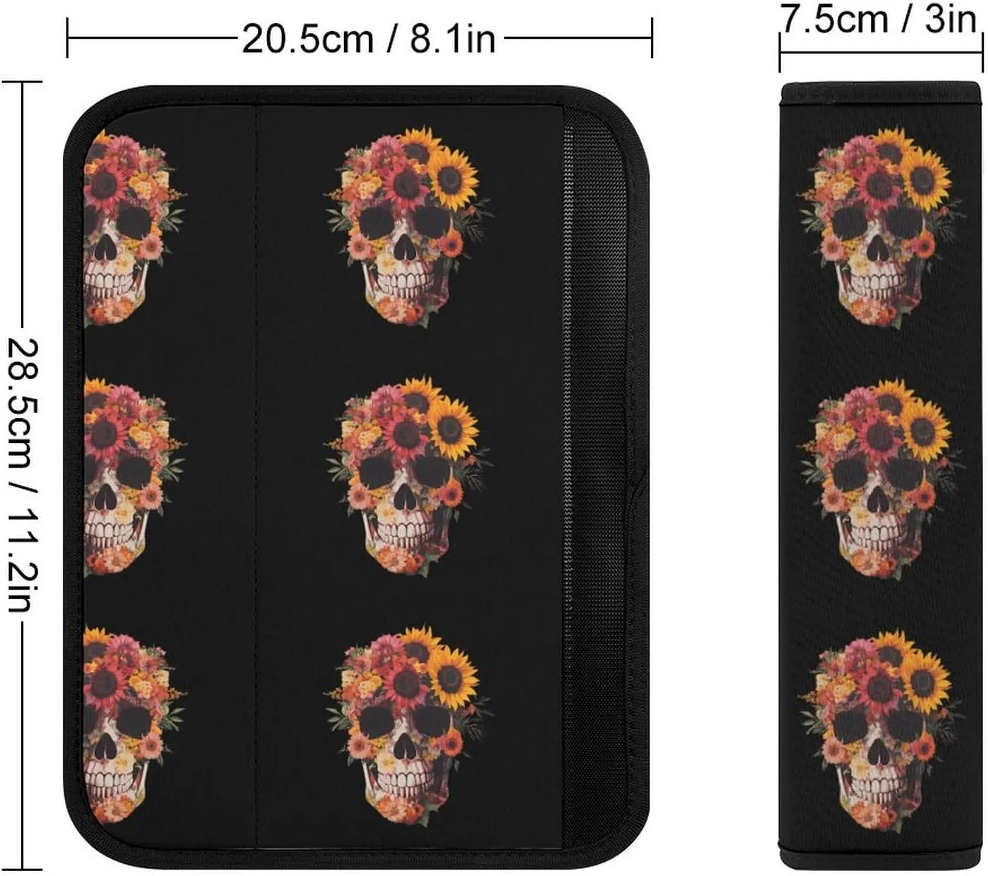 Sugar Skull Flowers Seat Belt Cover Pad Cushions Universal Padding Shoulder Strap Soft Auto Seatbelt 2PCS