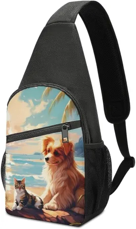 Summer Beach Cat Dog Tropical Sea Ocean Island Small Sling Backpack Crossbody Chest Bag Daypack Fanny Pack for Outdoors Hiking Traveling