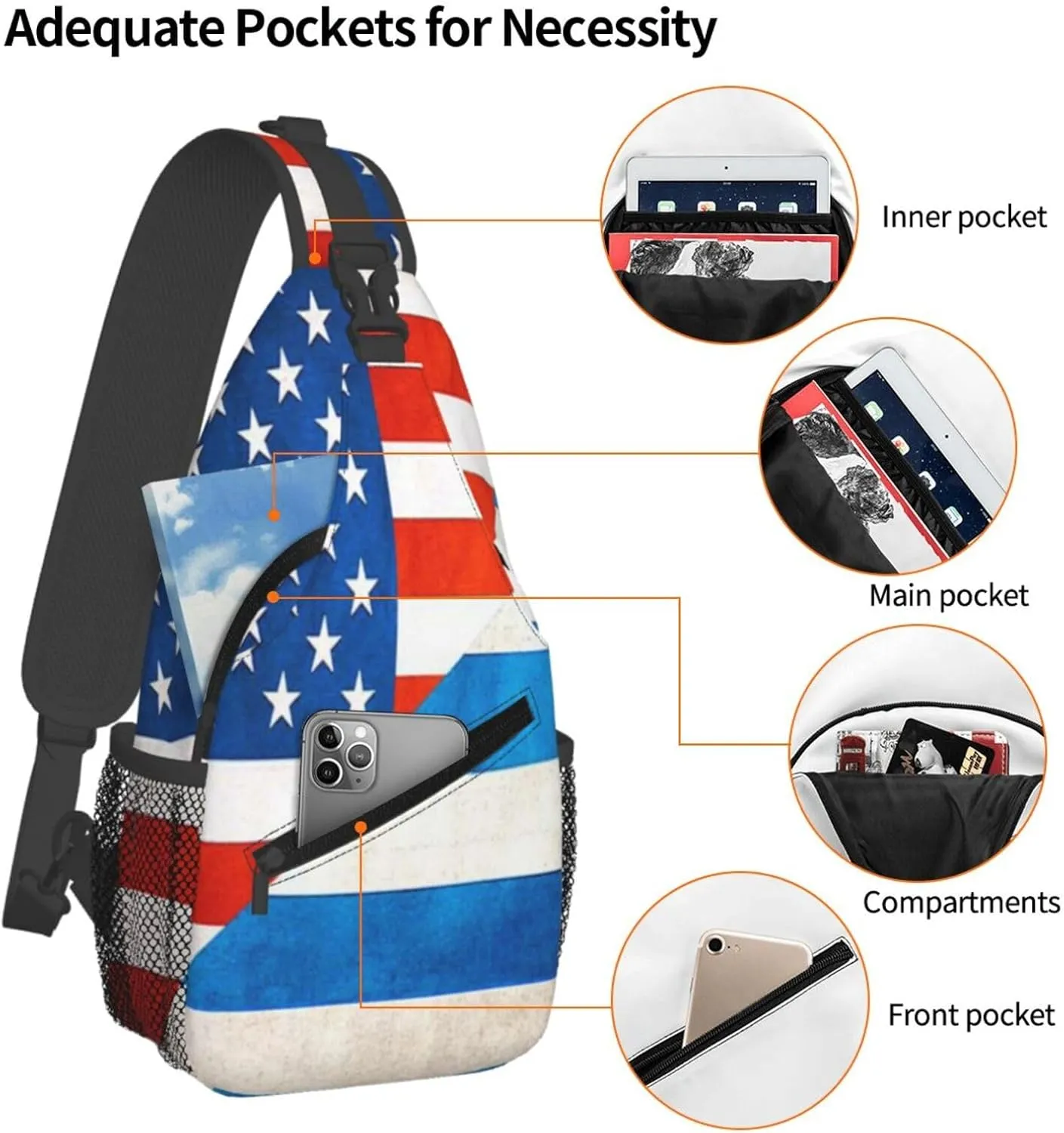 Sunflower American Flag Sling Bag Adjustable Chest Bags Casual Crossbody Bag Travel Shoulder Backpack