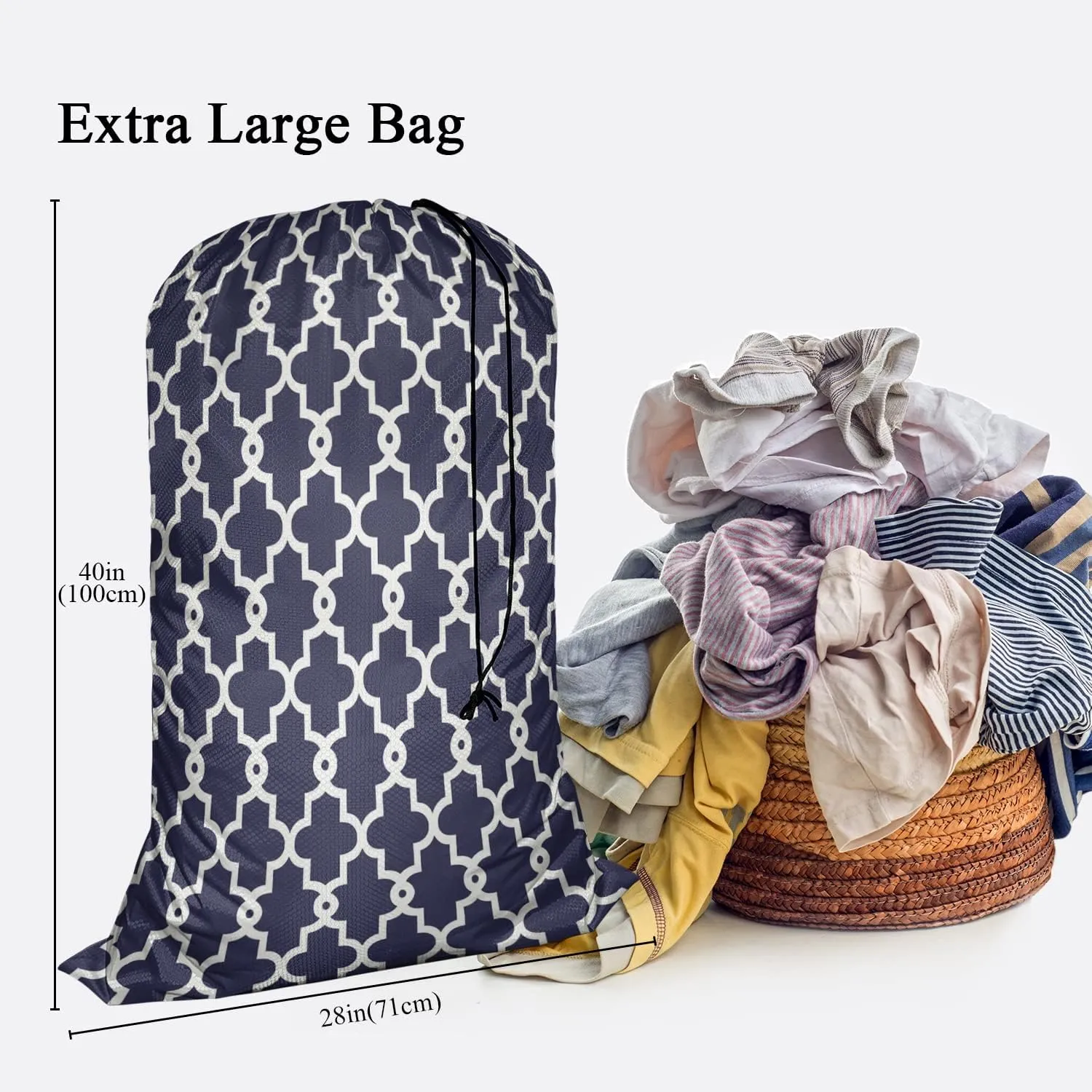 Swono Geometric Pattern Laundry Bag with Drawstring Closure Moroccan Clover Flower Lantern Shape Heavy Duty Oxford Cloth Laundry Portable for Home Dorm Room Essentials for Travel Camp, White Blue