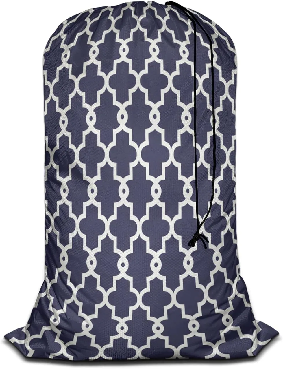 Swono Geometric Pattern Laundry Bag with Drawstring Closure Moroccan Clover Flower Lantern Shape Heavy Duty Oxford Cloth Laundry Portable for Home Dorm Room Essentials for Travel Camp, White Blue