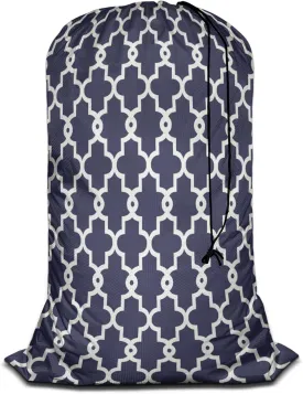 Swono Geometric Pattern Laundry Bag with Drawstring Closure Moroccan Clover Flower Lantern Shape Heavy Duty Oxford Cloth Laundry Portable for Home Dorm Room Essentials for Travel Camp, White Blue