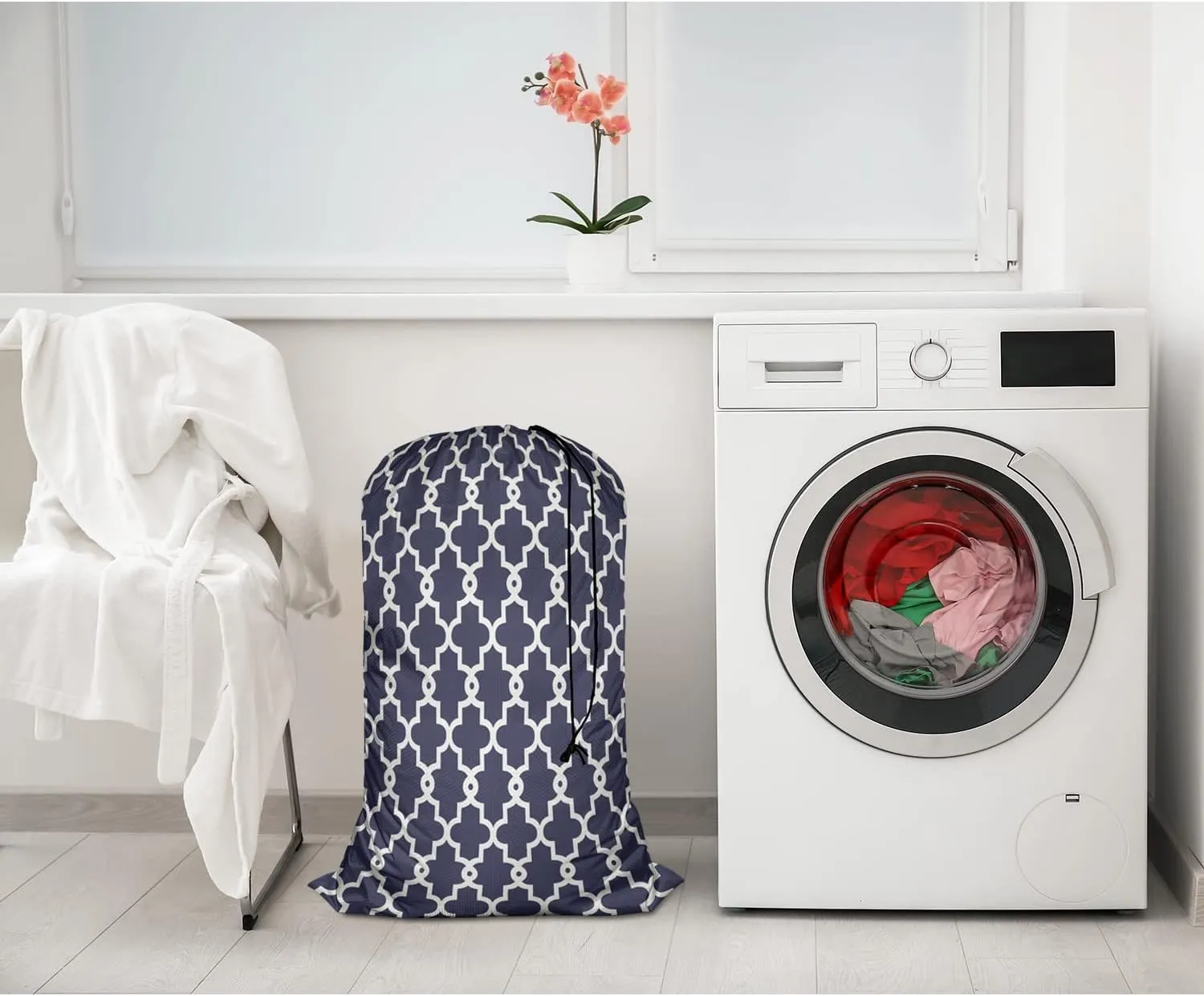 Swono Geometric Pattern Laundry Bag with Drawstring Closure Moroccan Clover Flower Lantern Shape Heavy Duty Oxford Cloth Laundry Portable for Home Dorm Room Essentials for Travel Camp, White Blue