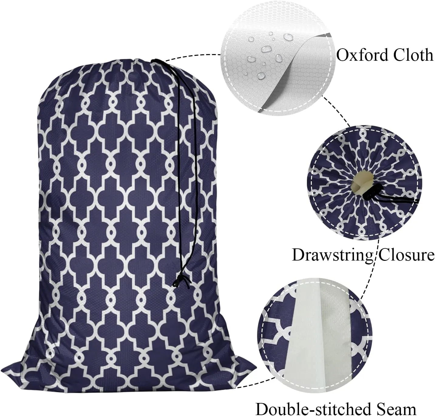 Swono Geometric Pattern Laundry Bag with Drawstring Closure Moroccan Clover Flower Lantern Shape Heavy Duty Oxford Cloth Laundry Portable for Home Dorm Room Essentials for Travel Camp, White Blue