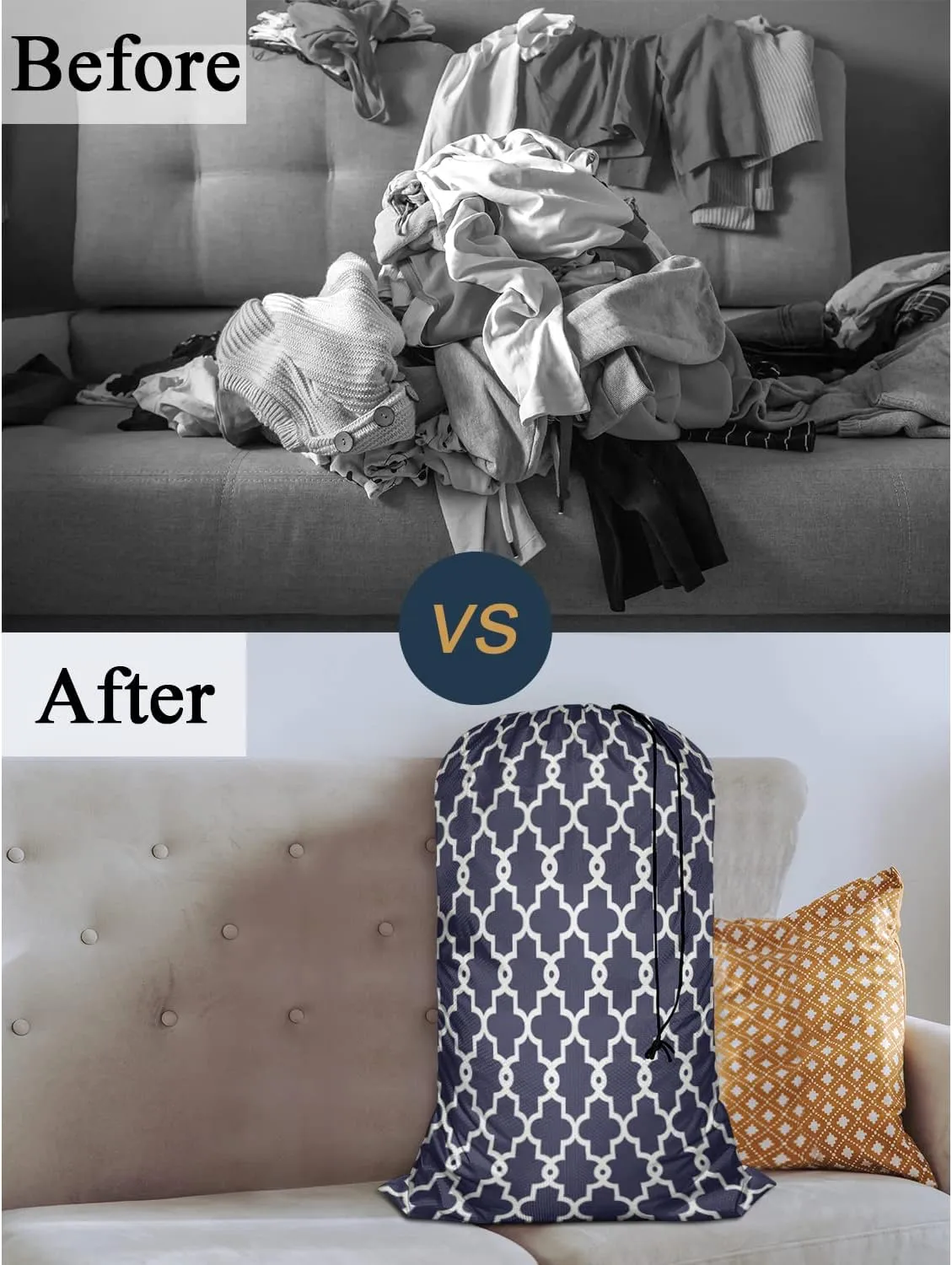 Swono Geometric Pattern Laundry Bag with Drawstring Closure Moroccan Clover Flower Lantern Shape Heavy Duty Oxford Cloth Laundry Portable for Home Dorm Room Essentials for Travel Camp, White Blue