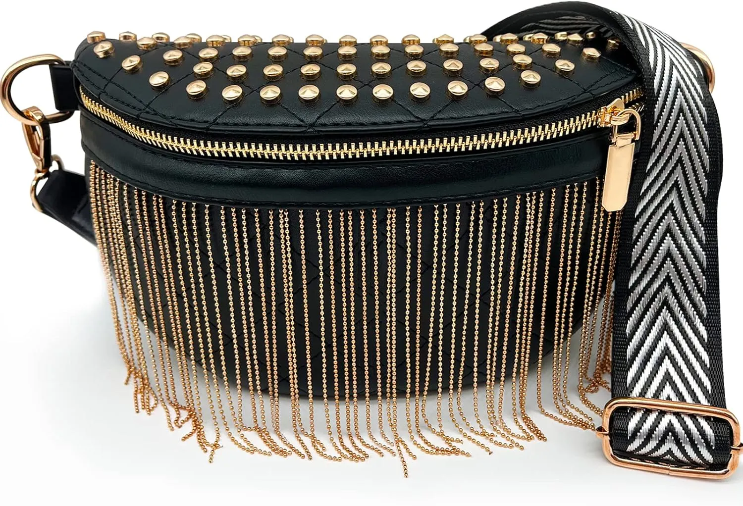 TOPALL Fanny Pack Crossbody Bags for Women, Upgrade Sling Bag Leather Belt Bag Fashion Waist Packs Chest Bag Studded Tassel Bum Bag for Travel, Walking, Running and Hiking (Gold)
