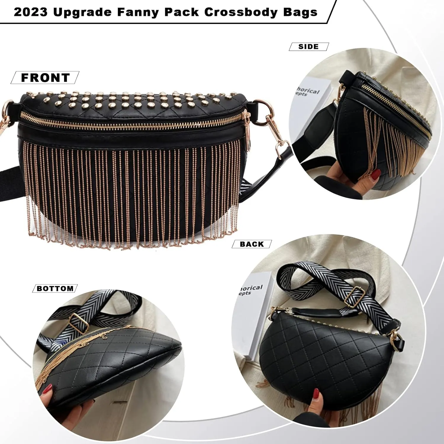 TOPALL Fanny Pack Crossbody Bags for Women, Upgrade Sling Bag Leather Belt Bag Fashion Waist Packs Chest Bag Studded Tassel Bum Bag for Travel, Walking, Running and Hiking (Gold)