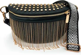 TOPALL Fanny Pack Crossbody Bags for Women, Upgrade Sling Bag Leather Belt Bag Fashion Waist Packs Chest Bag Studded Tassel Bum Bag for Travel, Walking, Running and Hiking (Gold)