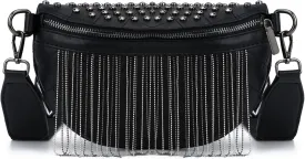 TOPALL Fanny Pack Crossbody Bags for Women, Upgrade Sling Bag Leather Fashion Waist Packs Belt Bag Chest Bag Studded Tassel Bum Bag for Travel, Walking, Running and Hiking (Black)