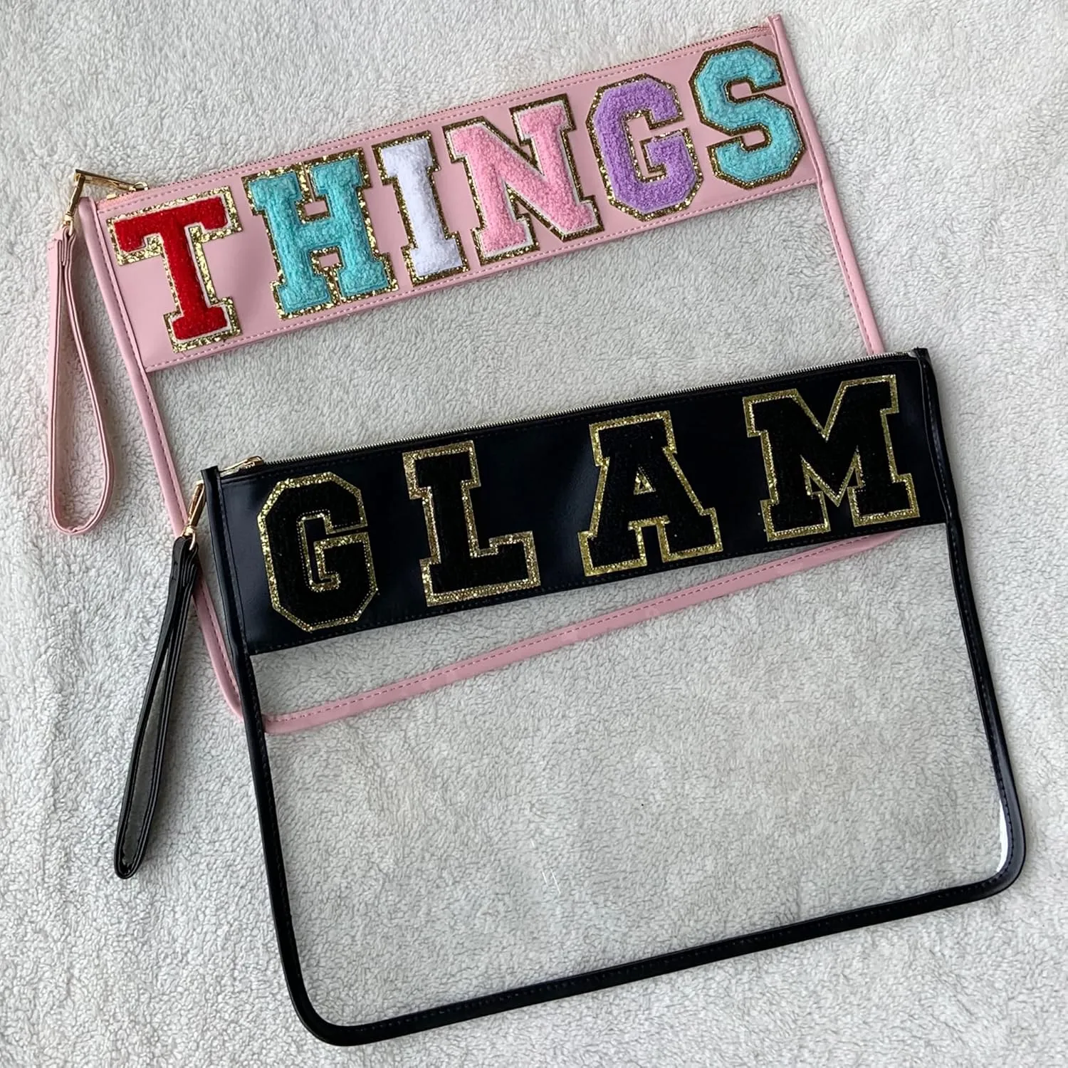 TopTTanBo Chenille Letter Clear Bag Purse Multi-purpose Transparent Waterproof Snacks Makeup Tote Bag with Wrist Strap