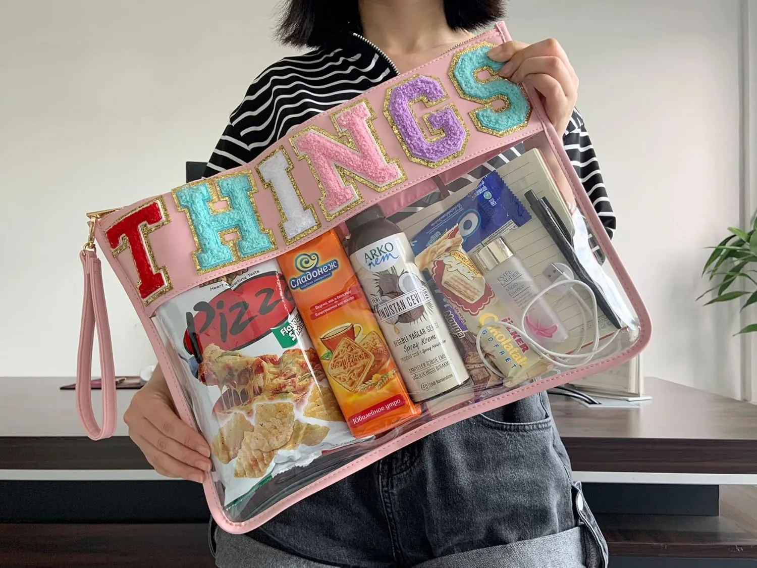 TopTTanBo Chenille Letter Clear Bag Purse Multi-purpose Transparent Waterproof Snacks Makeup Tote Bag with Wrist Strap