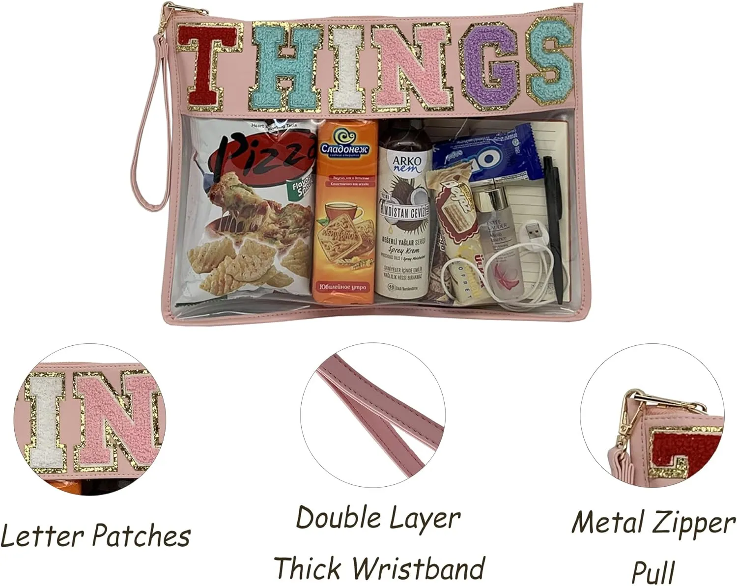 TopTTanBo Chenille Letter Clear Bag Purse Multi-purpose Transparent Waterproof Snacks Makeup Tote Bag with Wrist Strap