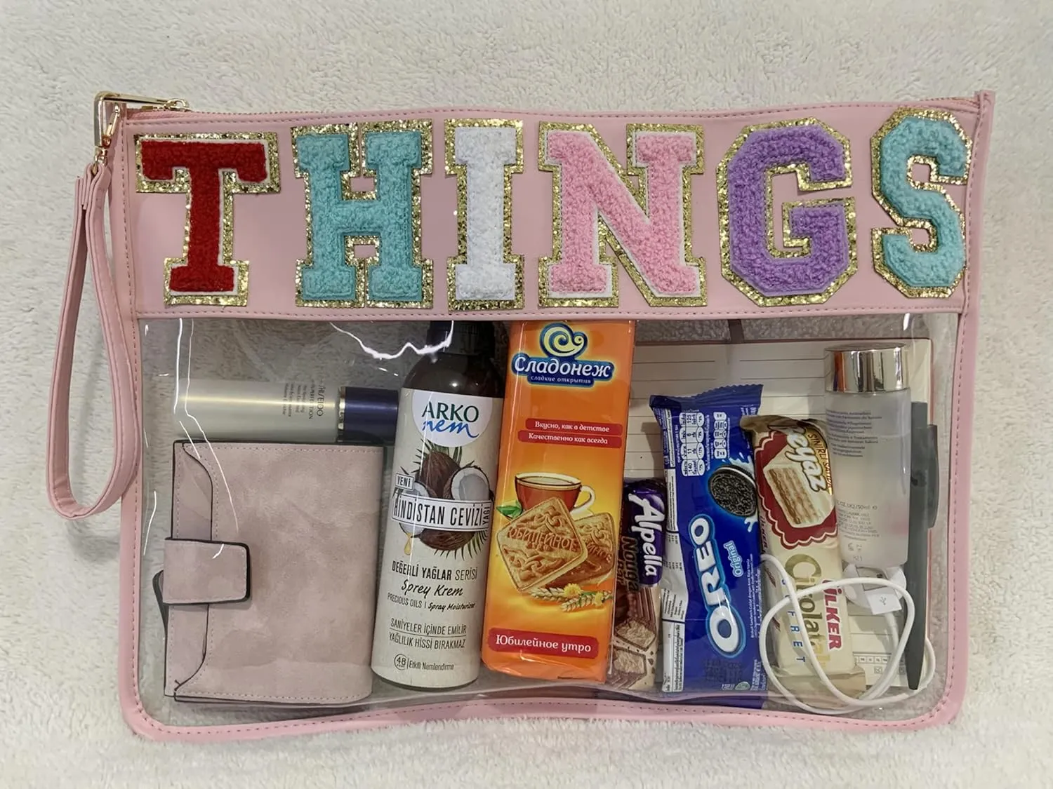 TopTTanBo Chenille Letter Clear Bag Purse Multi-purpose Transparent Waterproof Snacks Makeup Tote Bag with Wrist Strap