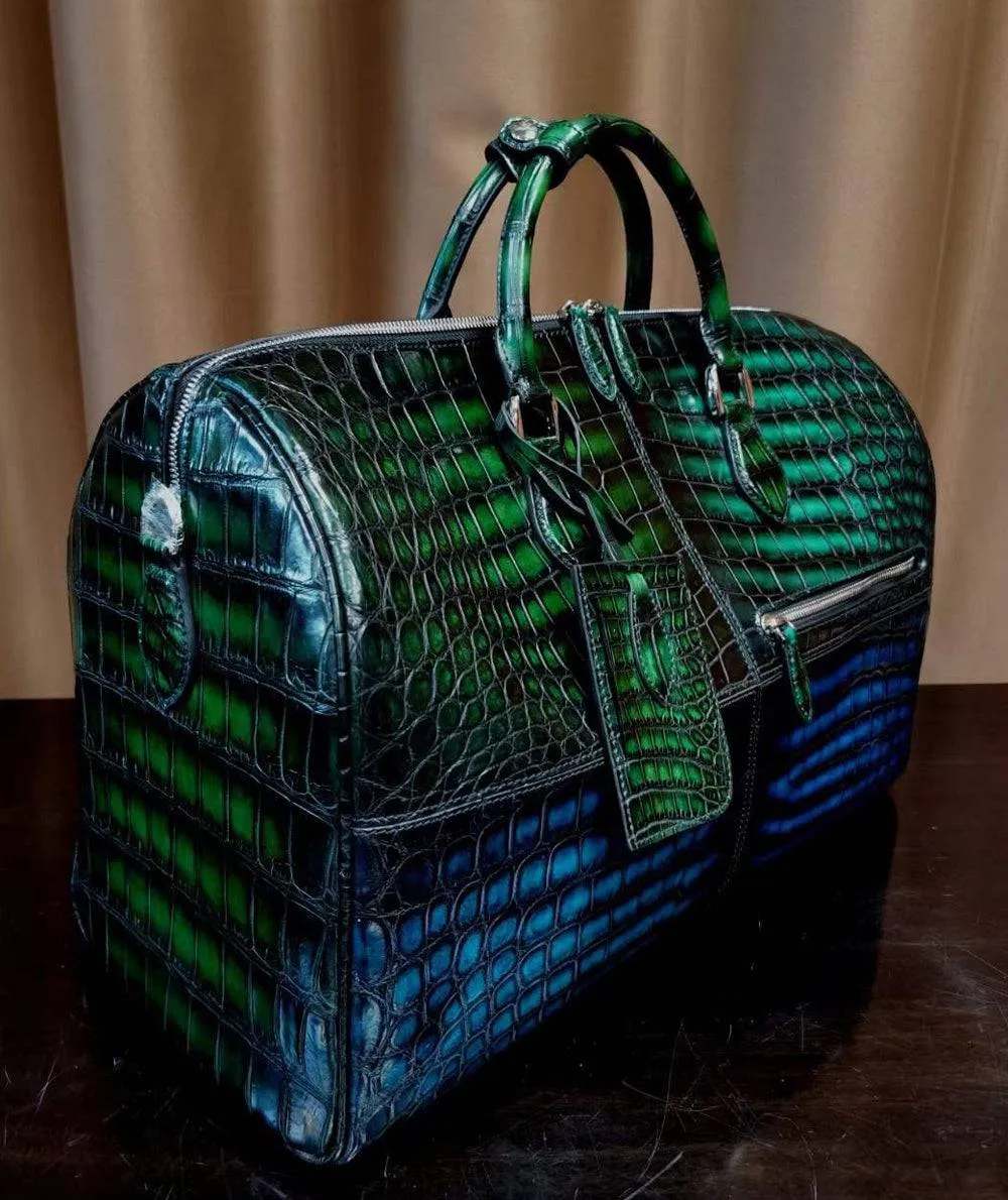 Unisex Vintage Green / Blue Crocodile Leather Travel Duffel Bag