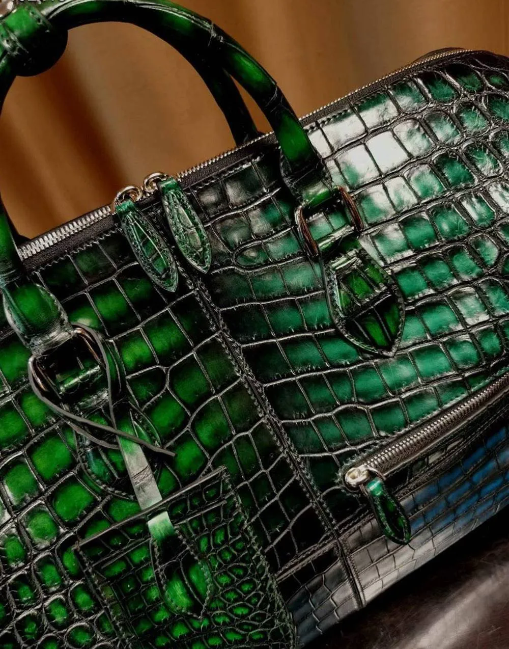 Unisex Vintage Green / Blue Crocodile Leather Travel Duffel Bag
